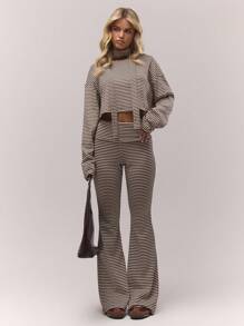 MUSERA 短款条纹长袖圆领宽松T恤，复古乡村风，清新甜美，适合休闲夜晚居家穿着，奶油糖色，优雅春夏假日风情 - 彩色 - 查看 4