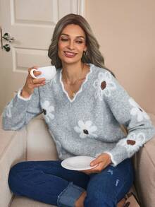 EMERY ROSE Women Elegant Floral Pattern Lace Trim Knit Sweater - Light Grey - View 5