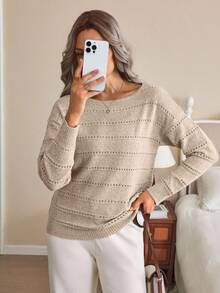 EMERY ROSE Boat Neck Pointelle Knit Drop Shoulder Sweater - Apricot - View 4
