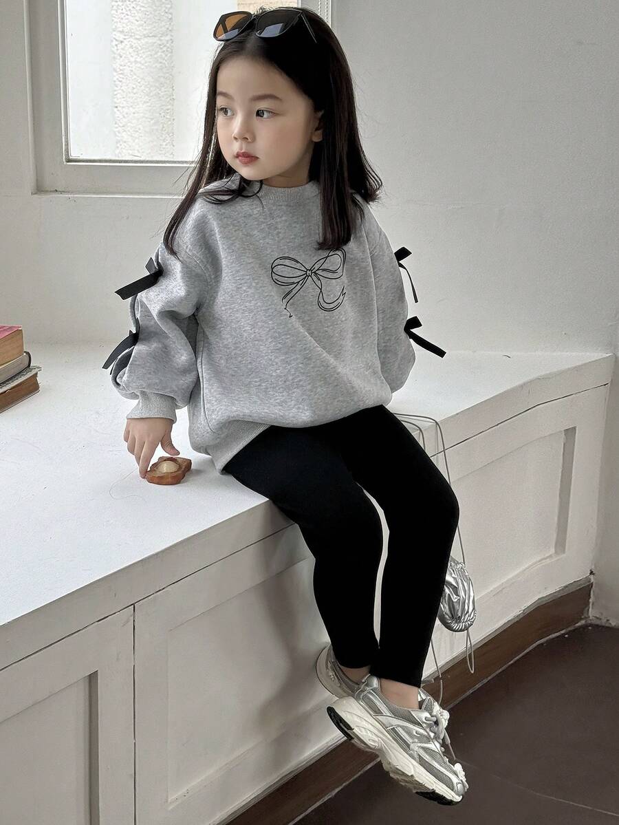 Dazy Kids 2件套女童圆领针织蝴蝶结印花套装 - 灰色 - 查看 1