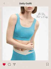 Easify SHEIN Sport Conjunto deportivo premium para mujer en color beige y aguamarina, top corto y leggings de cintura alta con bloques de color, ideal para el gimnasio y un estilo de vida activo