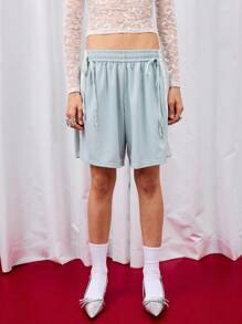 COUREZ Quần short thể thao cạp thấp có chi tiết nơ / Quần short cạp thấp phong cách Y2K, quần áo tập gym dễ thương cho nữ mùa thu, trang phục mùa thu - Màu xanh nhạt - Xem 4