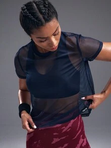 Powerista 女士网眼上衣，蓝色运动服上衣 - 藏蓝色 - 查看 3