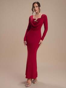 Modelyn Women's Solid Color Draped Neck Long Sleeve Fitted Elegant Dress