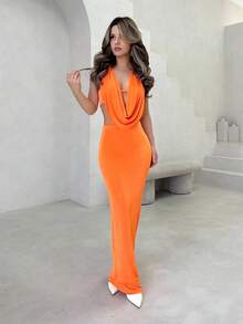 Jemour 女士性感 Crowl 吊带背心 V 领吊带上衣和超长裙两件套，适合俱乐部派对装 - 橘色 - 查看 1
