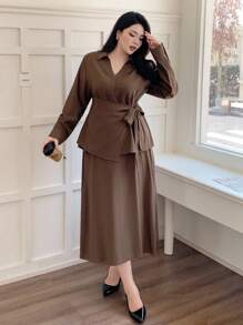 Dazy Plus 2pcs/Set Solid Color Tie-Waist Loose Long Sleeve Shirt & Skirt, Business Casual Commuter Outfit For Plus Size Women - Brown - View 5
