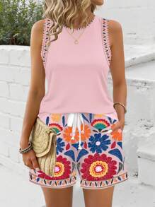 2 قطعة لباس علوي نسائية كاجوال بطباعة زهرية ريترو، بنمط زهري مريح للعطلات والوقت الحر