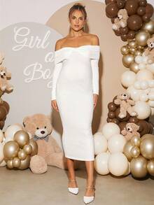 Loomaby Elegant Solid Color Off Shoulder Fitted Maternity Knit Dress,Gender Reveal Dress,Maternity Dress,Baby Shower Dresswhite Long Sleeve Maternity Dress - Beige - View 4