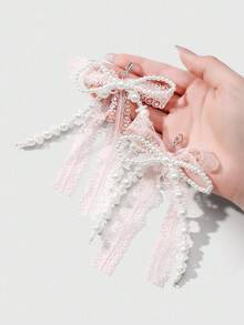 ROMWE Kawaii 2 件时尚可爱的手工串珠白色仿珍珠和粉色蕾丝蝴蝶结鞋夹，多功能装饰配件，适合女性、女孩、日常穿着、节日礼物 - 粉色 - 查看 4