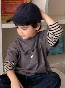 Hapijoa Toddler Boys Loose Casual Striped Patchwork Sleeve 2 In 1 Letter Print T-Shirt, Autumn - Grey - View 7