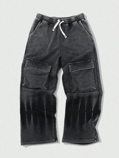 Grunge Punk بنطلون رياضي رجالي مغسول بطريقة مبهتة وممزقة، مناسب للخريف/الشتاء