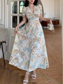 Modelyn 女士十字领、珍珠纽扣装饰和泡泡袖修身连衣裙 - 彩色 - 查看 6