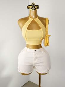 Zolique Women's Solid Color Cutout Cropped Fitted Sexy Halter Crop Top - Yellow - View 4