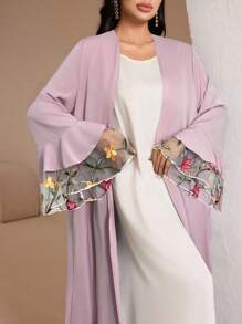 Al Najma Women's Floral Embroidered Mesh Flare Sleeve Arabic Abaya Cardigan