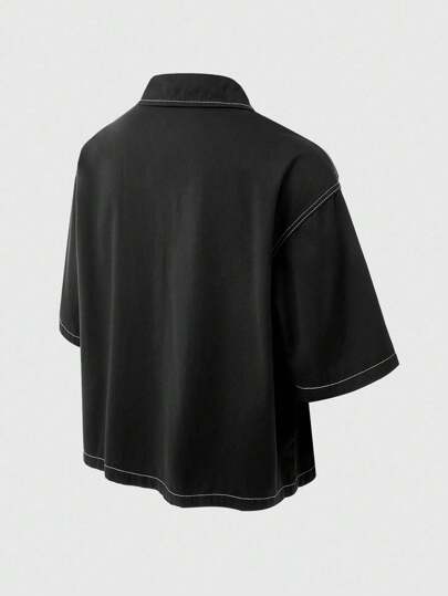 Goth Men's Slogan Graphic Short Sleeve Single-Breasted Virgin Mary Casual Denim Shirt