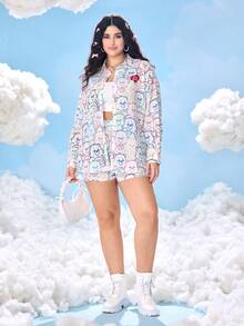 SHEIN X Care Bears Plus Size Casual Everyday Cartoon Bear Print Shirt And Shorts 2 Pieces Set Kawaii Clothes Cute Shirt For Women Fall Outfits Women - White - View 5