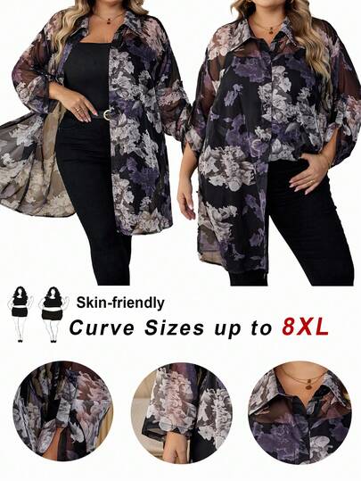 SHEIN CURVE+ Curve Plus Size/Autumn /Fall Women/Winter For Women/Winter Plus Size Women Romantic Casual Daily Blouse, Flowing Long Sleeve Shirt, Business Casual, Office Wear, Teacher, Flowing Top Plus Size Sheer 8xl Women Plus Size Floral Kimono Curve Kimono/Autumn /Winter