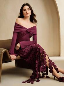 Anewsta 秋季新款女式酒红色露肩扭结长袖收腰荷叶边下摆连衣裙，优雅派对礼服，新年礼服，圣诞派对礼服 - 中紫紅色 - 查看 4