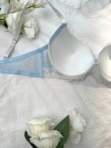 DelicateAllure Contrast Color Lace Patchwork Underwire Padded Butterfly Decor Women's Bra Lace Bra Light Blue Bra Lace Push Up Bra Bras For Women Light Blue Lace Bra  Cozy And Elegant Details - Baby Blue - View 5