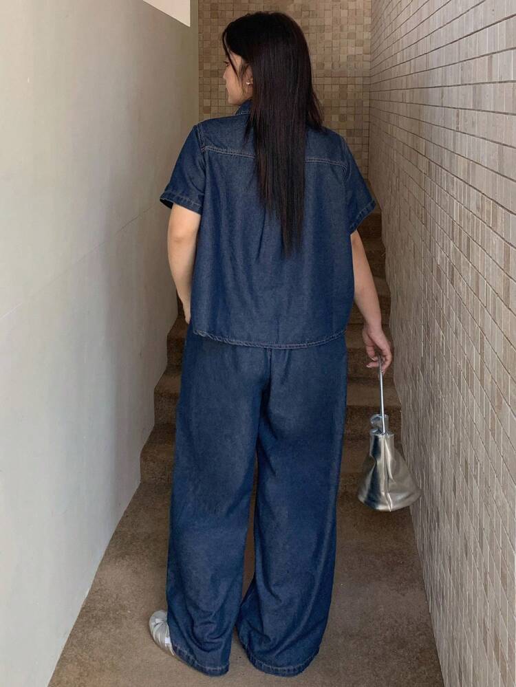 Dazy Plus 2pcs Plus Size Women Denim Set - Loose Turndown Collar Denim Top & Elastic Waist Relaxed Fit Denim Pants, Dark Wash Fall/Winter
