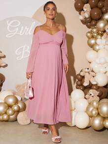 Loomaby 孕妇纯色露肩喇叭袖优雅连衣裙 - 粉色 - 查看 5