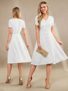 Amorya V 领珍珠纽扣纹理面料收腰女式连衣裙，适合春秋夏季校服女士办公室服装教师服装女士夏季连衣裙婚礼宾客服装女士度假服装女士生日服装