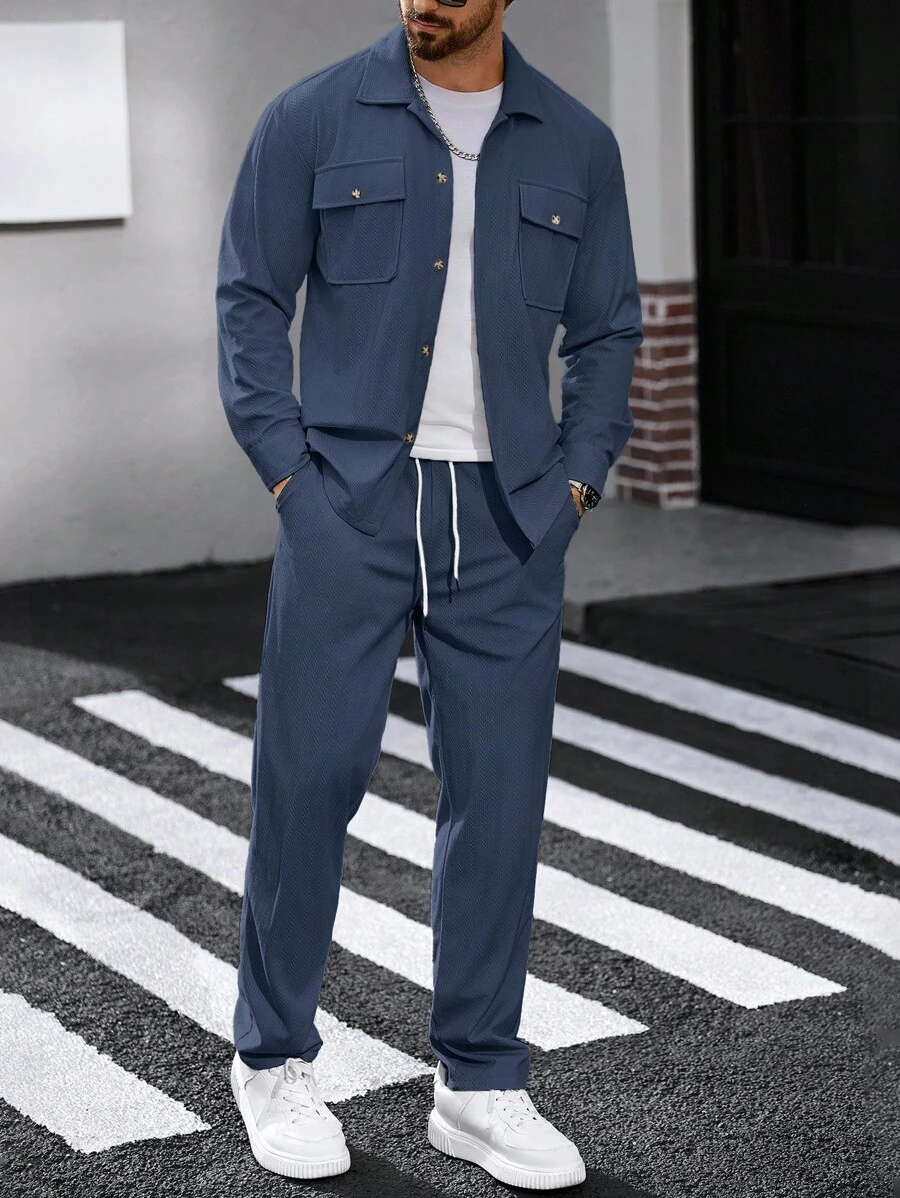 Manfinity CasualCool 男士灯芯绒工作衬衫和裤子两件套，秋季服装 - 寶藍色 - 查看 1