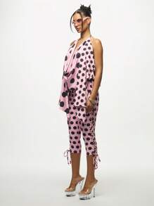 SUMWON WOMEN Contemporary Pink Polka Dot Draped Blouse With Bell Sleeves And Cold Shoulder Design Elegant Evening Party Statement Top With Lace Up Detail - Pink - View 6