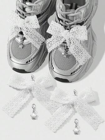 Kawaii Set de 4 broches de zapato de encaje blanco hueco con lazo y estrella, estilo francés vintage minimalista y de alta gama, adecuados para uso diario y como regalo para fiestas