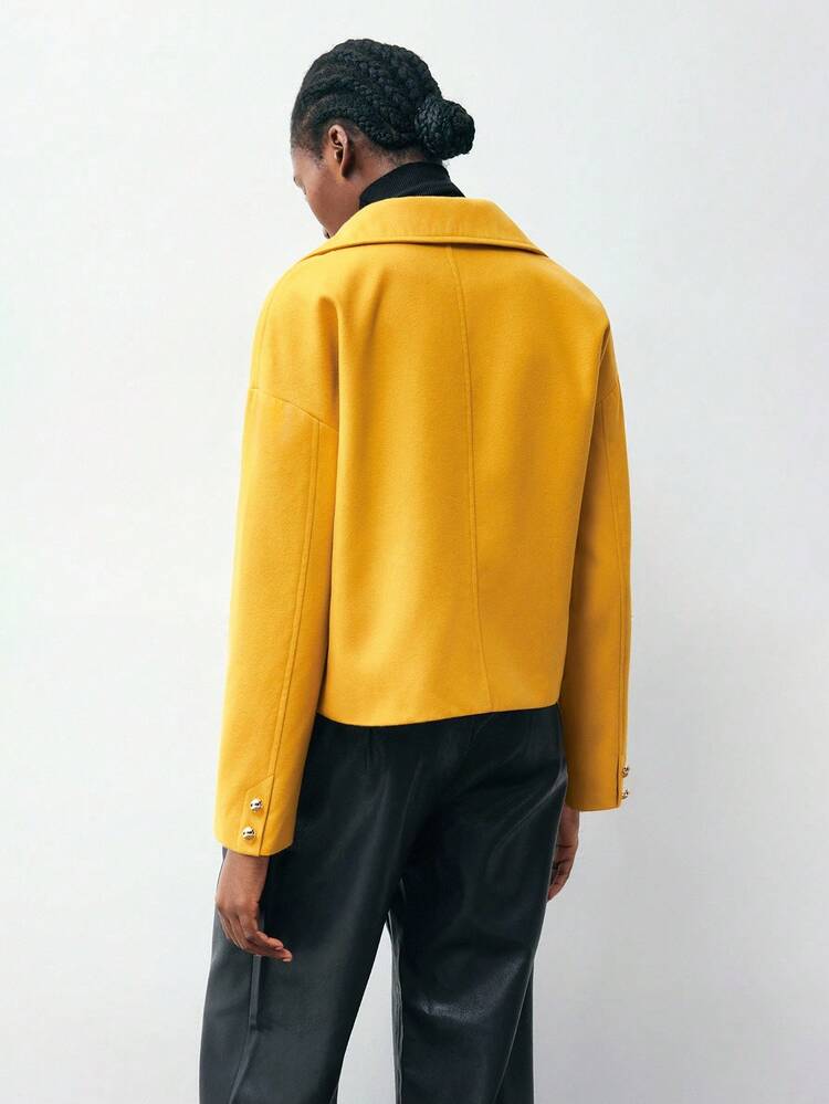 SHEIN Maija 2025 Damski płaszcz z obniżonymi ramionami i metalowymi guzikami, uniwersalny, jesienne ubrania, damski płaszcz zimowy, damska kurtka zimowa, żółte kostiumy na Halloween, kostiumy na Halloween dla kobiet, "Miasteczko Halloween", minimalistyczny, klasyczny, praktyczny płaszcz, styl "Stare pieniądze"