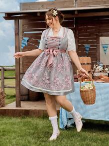 SHEIN Frenchy Plus Size Women Tie-Up Design Applique Mesh Hem Sleeveless Elegant Dirndl, German, Oktoberfest, Traditional Dress,Fall Clothes For Women - Multicolor - View 6