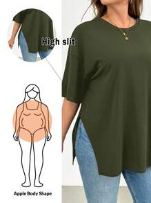 SHEIN Essnce Áo thun tay ngắn xẻ tà thời trang xuân hè rộng rãi thoải mái cho nữ cỡ lớn, kiểu dáng đơn giản, áo đi chơi, đồ mặc ở sân bay cho nữ, mùa hè châu Âu - xanh quân đội - Xem 6