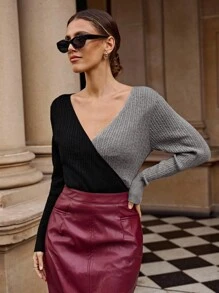 Lavishia Women's Grey And Black Contrast Color Cable Knit Fitted Sweater Fall Clothes For Women - Black and White - View 3