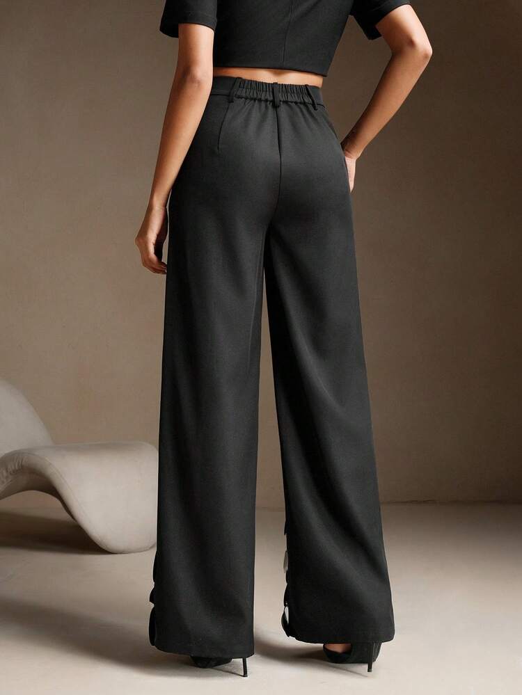 ゆとりストレートハイウエストワイドレッグスパンコール装飾ファッションパンツ