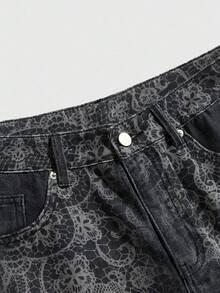 ROMWE MEN Goth Men's Floral Print Pocket Loose Casual Denim Shorts - Black - View 4
