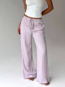 FavEase Women's Solid Color Drawstring Waist Pockets Casual Versatile Long Pants - Baby Pink - View 3