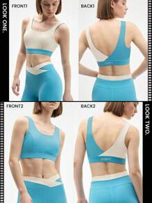 Easify SHEIN Sport Conjunto deportivo premium para mujer en color beige y aguamarina, top corto y leggings de cintura alta con bloques de color, ideal para el gimnasio y un estilo de vida activo