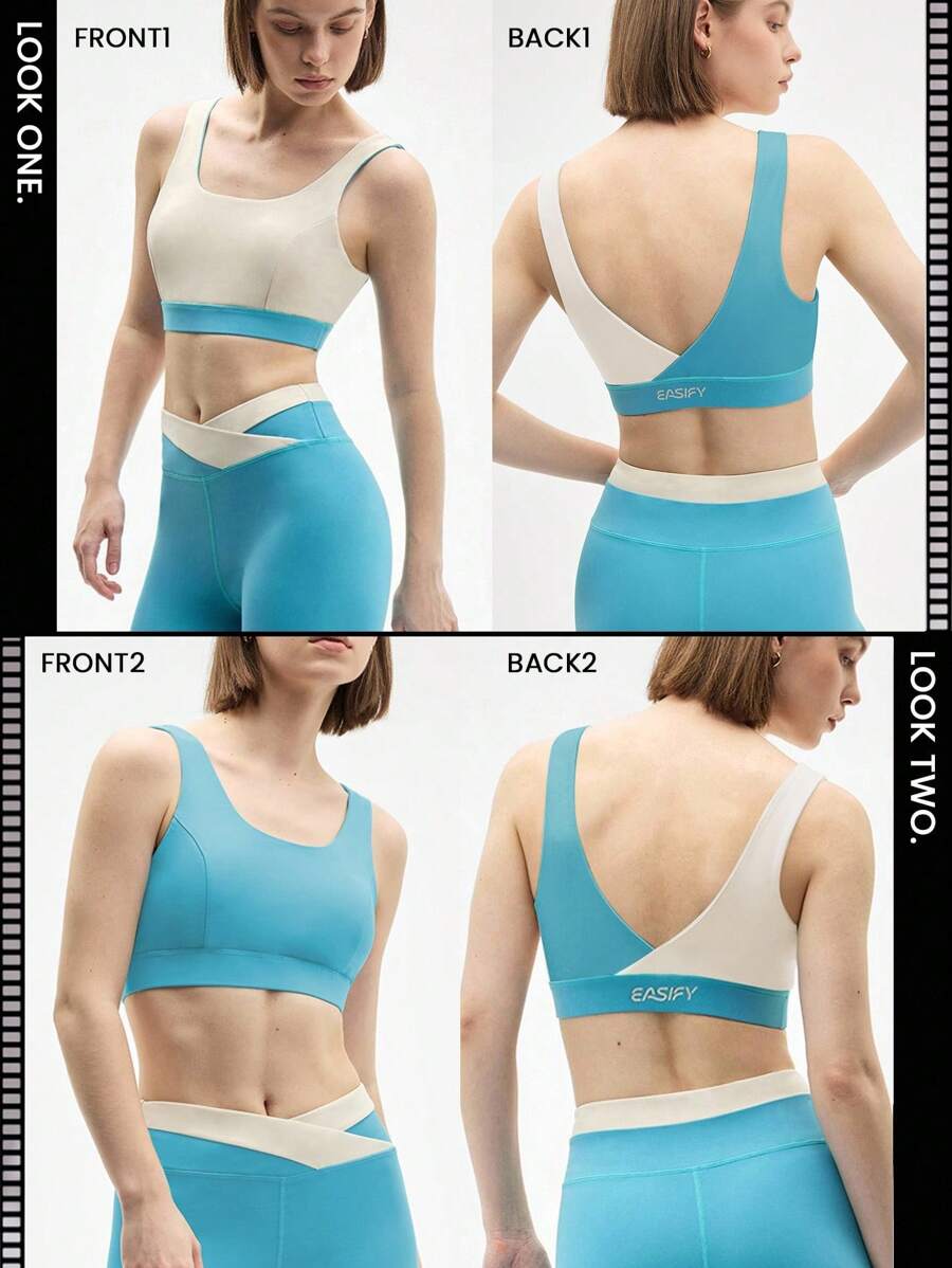 Easify SHEIN Sport Conjunto deportivo premium para mujer en color beige y aguamarina, top corto y leggings de cintura alta con bloques de color, ideal para el gimnasio y un estilo de vida activo