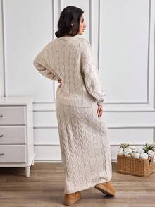 SHEIN Cottnline 2pcs Women Fashion Casual Elegant Traditional V-Neck Short Sweater And Slit Hem Skirt Knit Set Autumn Plus Size Two Pieces Lounge Evening Formal Grey - Apricot - View 2