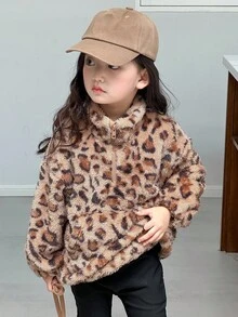 DAZY 女童豹纹花卉印花休闲长袖卫衣，春秋季 - 卡其色 - 查看 4
