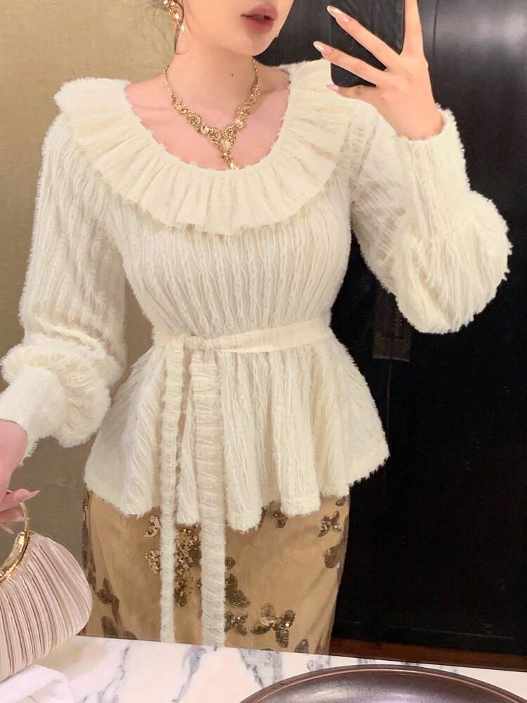 Women's Elegant Long Sleeve T-Shirt With Ruffle Patchwork, Lantern Sleeves, Textured Fuzzy Fabric, Tie Waist, Suitable For Wedding, Party, Commute In Autumn And Winter,Fall Women Clothes