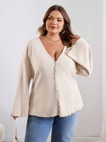 SHEIN CURVE+ Curve Plus Size/Roupas de Outono/Roupas Femininas de Outono/Roupas de Inverno para Mulheres/Roupas de Inverno Plus Size Botão de Pérola Decote em V Profundo Mangas Compridas Cardigan de Malha, Traje de Negócios Plus Size Suéter 8xl Roupas Femininas 6xl Roupas Femininas Plus 5xl Plus Size Cardigan Plus Size Roupas de Outono para Mulheres, Inverno, CURVE PLUS - Damasco - Ver 6