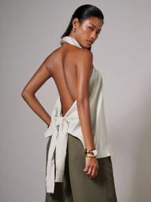 COSMINA Women's Sexy Solid Color Backless Collar Loose Tank Top, Summer Open Back Top,Halter Tops - White - View 2