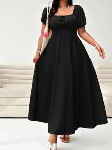 Solflare EZwear 大码女式黄色短袖休闲系带收腰优雅度假连衣裙，春夏款，休闲婚礼宾客连衣裙 - 黑色 - 查看 5