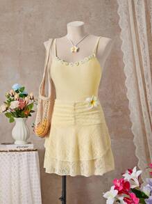 Bellisia 女式度假腰部褶饰蕾丝荷叶边下摆罩衫裙 - 黃色 - 查看 3