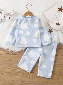 SHEIN Conjunto de pijama de 2 piezas para bebé niño con parte superior de manga larga con cuello de equipo y estampado de oso lindo, y pantalones suaves de felpa de coral para otoño/invierno