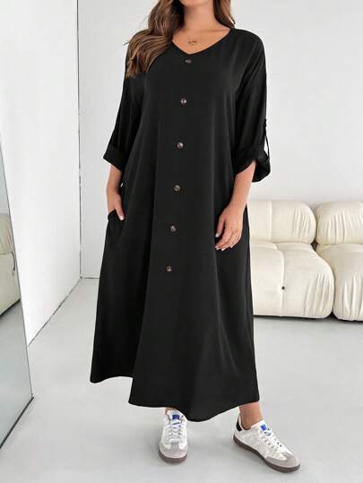 SHEIN Essnce Plus Size Women's Spring And Autumn Fashion Casual Loose Comfortable Daily Slim Button Decoration Long Sleeve Black Long Dress,Fall Outfits,Simple Style,Church Outfits Women