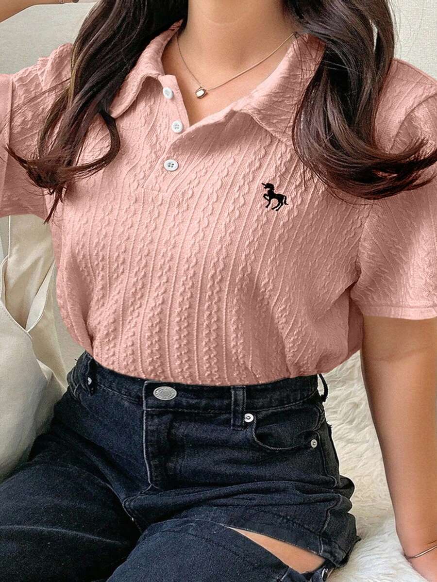 Dazy Plus Valentine Apricot Basic Polo Collar Embroidered Turndown Collar Short Sleeve Summer Plus Size T-Shirt - Pink - View 1