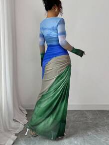 Rafferiza Women Ombre Print Crew Neck Long Sleeve Dress Maxi Women Outfit Casual Outfits Spring Fall Cloth For Women - Baby Blue - View 2