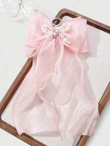 ROMWE Kawaii 1 chiếc móc khóa/túi xách DIY đính ngọc trai giả màu trắng đính hạt thủ công thanh lịch, pha lê & đá giả, nơ đôi lưới màu hồng, phụ kiện thời trang dành cho nữ, thích hợp làm trang phục hàng ngày hoặc làm quà tặng - Hồng - Xem 6